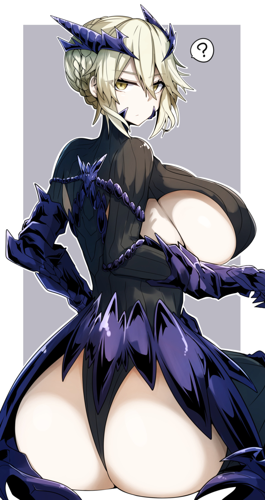 1girl ? absurdres armor armored_boots artoria_pendragon_(fate) artoria_pendragon_(lancer_alter)_(fate) ass black_bodysuit blonde_hair bodysuit boots braid breasts cleavage fate/grand_order fate_(series) french_braid gauntlets gin_moku hair_between_eyes highres horns long_hair looking_at_viewer looking_back navel revealing_clothes ribbed_bodysuit solo underboob yellow_eyes