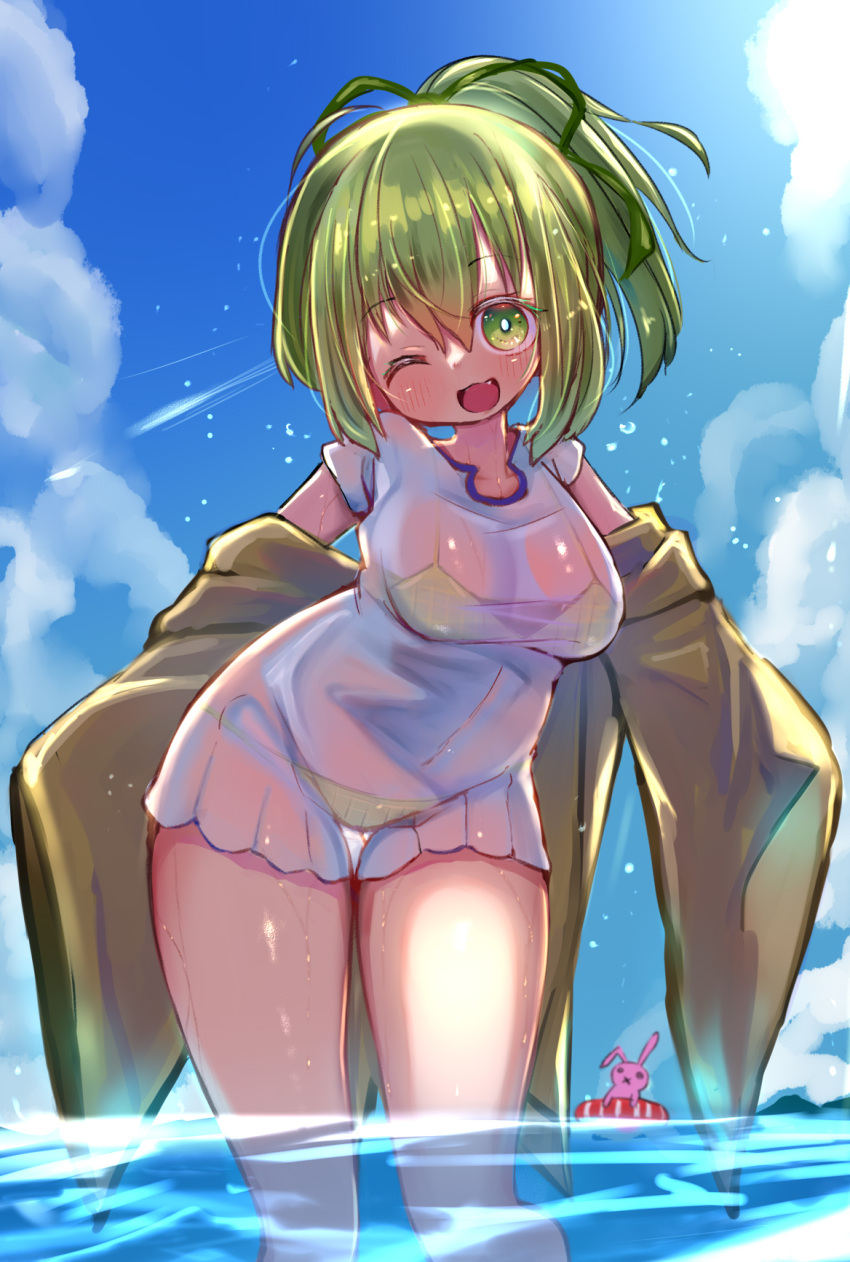 1girl blush breasts day duel_monster eyebrows_visible_through_hair green_eyes green_hair green_swimsuit highres one_eye_closed open_mouth outdoors robe see-through_shirt swimsuit water wynn_the_wind_charmer yaibaken yu-gi-oh!