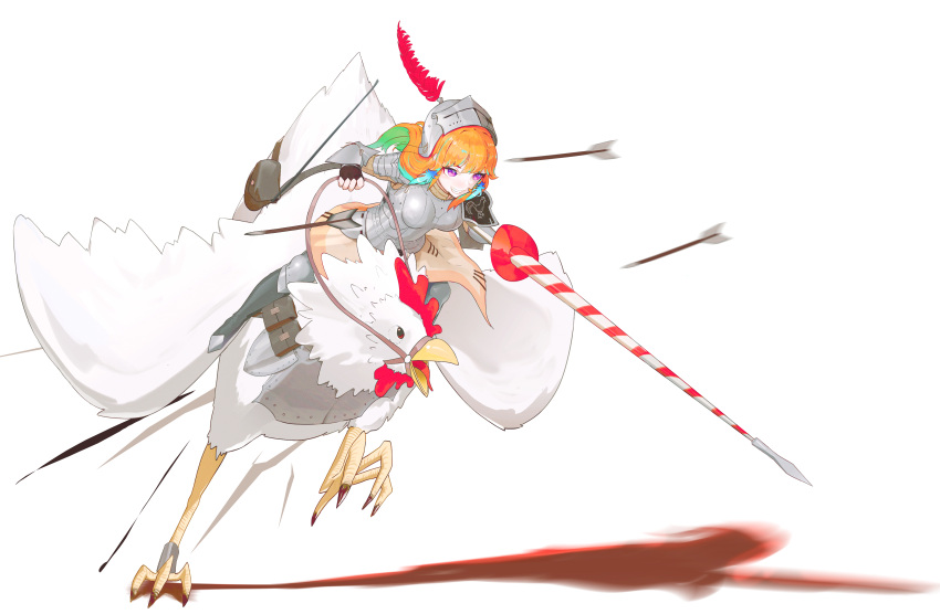 1girl absurdres alternate_costume armor arrow_(projectile) beige_skirt bird breastplate chicken earrings eyebrows_behind_hair feather_earrings feathers floating_hair greaves green_hair grin hair_behind_ear helmet highres holding holding_polearm holding_weapon hololive hololive_english jewelry knight lance long_hair multicolored_hair orange_hair pauldrons plume polearm purple_eyes riding ryeon_(bluetom1) shoulder_armor smile solo streaked_hair takanashi_kiara talons v-shaped_eyebrows virtual_youtuber weapon