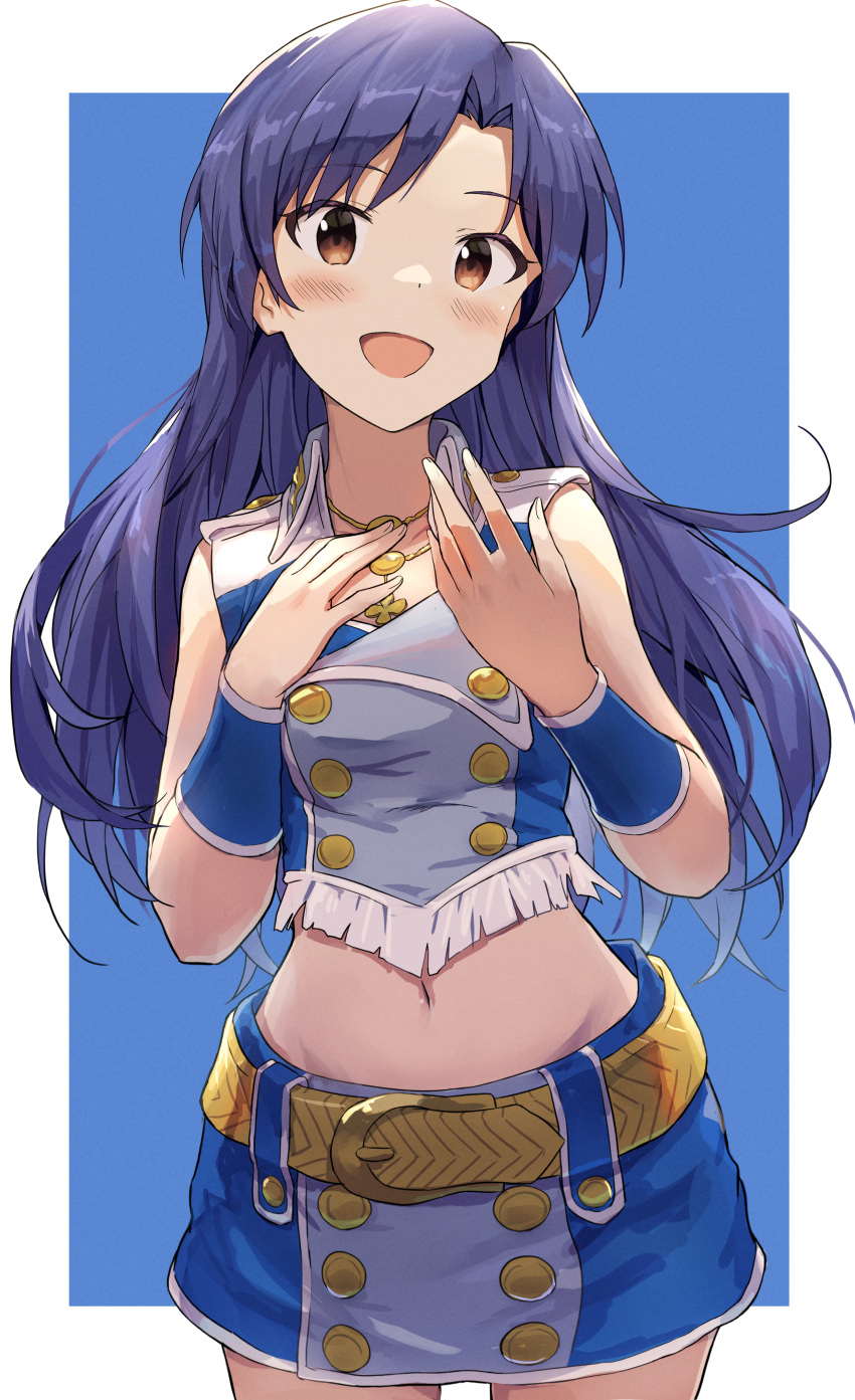 1girl :d absurdres belt blue_background blue_hair blush brown_hair commentary_request cowboy_shot groin hand_on_own_chest happy_birthday highres idol idolmaster idolmaster_(classic) idolmaster_million_live! jewelry kisaragi_chihaya long_hair looking_at_viewer miniskirt multicolored_hair navel necklace open_mouth shirt shuucream_(syuichi) simple_background skirt sleeveless sleeveless_shirt smile solo two-tone_hair