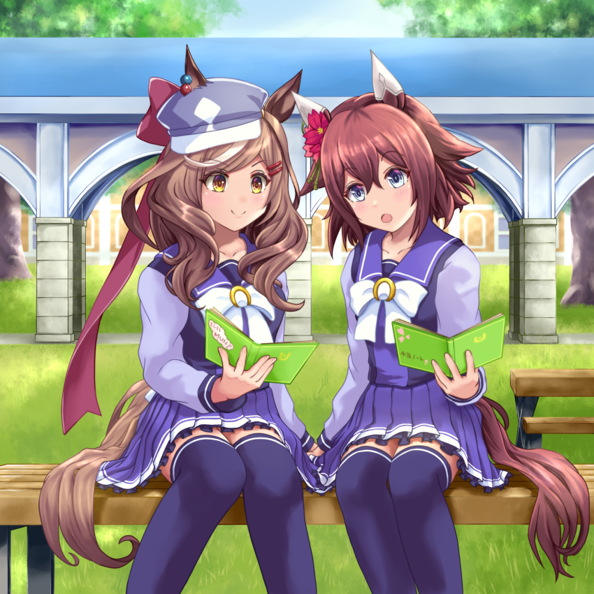 2girls animal_ears blue_eyes brown_hair commentary_request hair_between_eyes hair_ornament hairclip hat highres horse_ears horse_girl kuroneko86 matikane_tannhauser_(umamusume) medium_hair multiple_girls note pink_hair sakura_chiyono_o_(umamusume) school_uniform sitting smile tracen_school_uniform umamusume