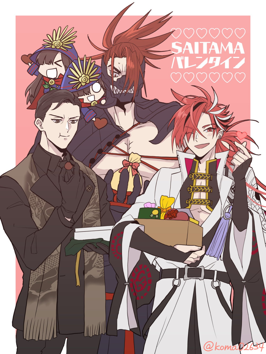 3boys bangs commentary_request earrings fate/grand_order fate_(series) highres jacket japanese_clothes jewelry koma long_hair long_sleeves looking_at_viewer male_focus multicolored_hair multiple_boys open_mouth pectorals red_eyes red_hair smile split-color_hair streaked_hair takasugi_shinsaku_(fate) takechi_zuizan_(fate) tanaka_shinbei_(fate) two-tone_hair white_hair white_jacket