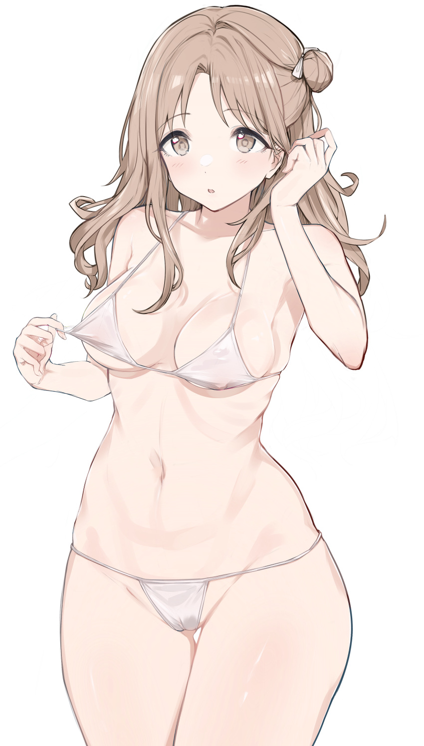 1girl absurdres bangs bare_arms bare_shoulders bikini blush breasts cameltoe collarbone commentary covered_nipples cowboy_shot eyebrows_visible_through_hair eyelashes fingernails groin hair_bun hair_ribbon halterneck hand_up highres ichikawa_hinana idolmaster idolmaster_shiny_colors karya light_brown_eyes light_brown_hair long_hair looking_at_viewer medium_breasts micro_bikini midriff navel parted_bangs parted_lips ribbon shiny shiny_hair side_bun simple_background skindentation solo spaghetti_strap standing stomach strap_pull string_bikini swimsuit thigh_gap white_background white_bikini white_ribbon