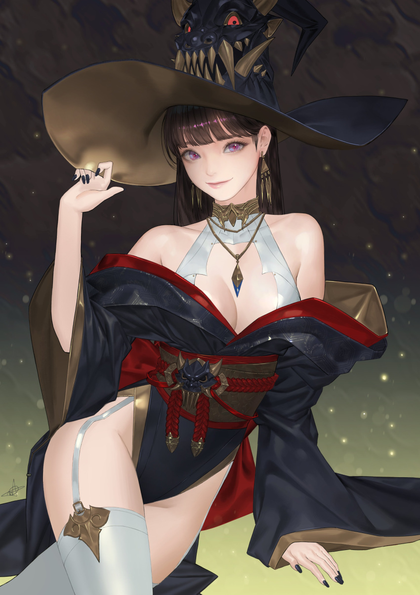 1girl absurdres black_hair black_nails copyright_request daeho_cha earrings hat highres hime_cut japanese_clothes jewelry kneehighs long_hair obi oni purple_eyes red_oni sash smile tagme white_legwear witch_hat