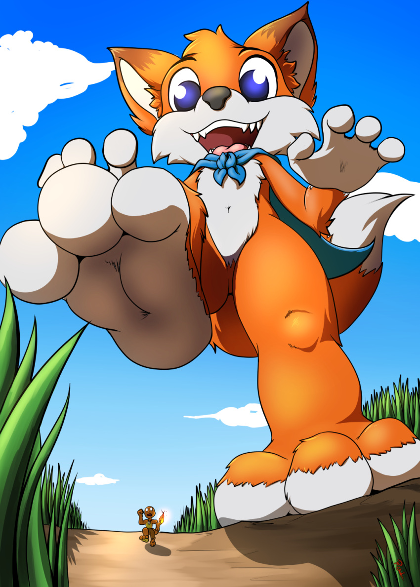 2020 3_toes 4_fingers blue_clothing canid canine cape charmander clothing cloud duo featureless_crotch feet fingers fox fur grass hi_res lucky_the_fox macro male mammal micro nintendo open_mouth plant pok&eacute;mon pok&eacute;mon_(species) rai_kun running size_difference size_play sky super_lucky's_tale toes underpaw video_games