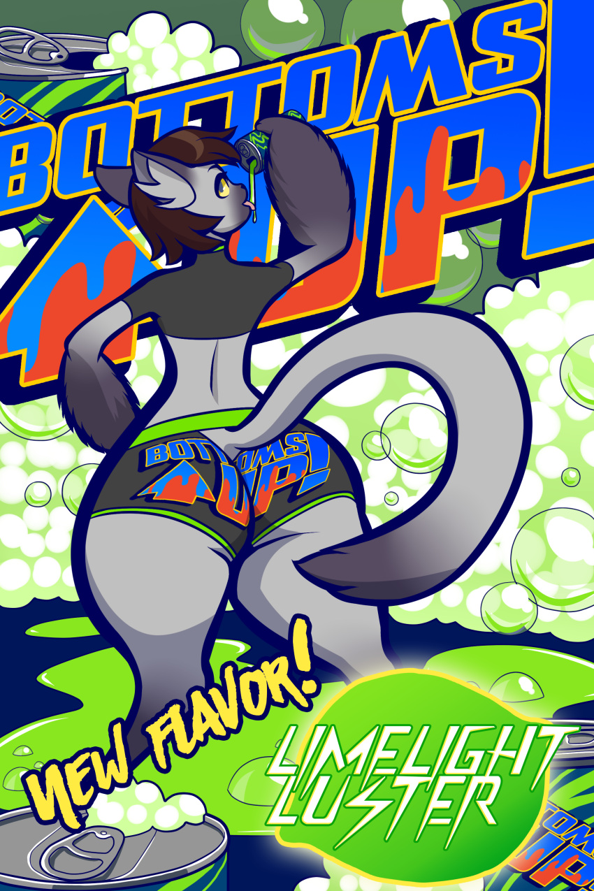 absurd_res advertisement ambiguous_gender anthro beverage_can big_butt blue_eyes brown_hair bubble butt butt_expansion clothing crop_top digital_media_(artwork) domestic_cat drinking ears_up expansion felid feline felis fur grey_body grey_fur hair hi_res huge_butt im_scaredy_cat looking_at_viewer mammal raised_tail shirt siamese solo text text_on_clothing thick_thighs tongue tongue_out topwear valery_funika wide_hips
