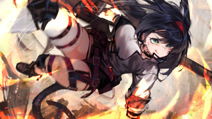 1girl absurdres action arknights arm_support belt blaze_(arknights) blue_eyes bow breasts chainsaw hair_bow highres jacket jumping large_breasts libiadan licking_lips purple_hair single_thighhigh solo tail thigh_strap thighhighs tongue tongue_out white_legwear