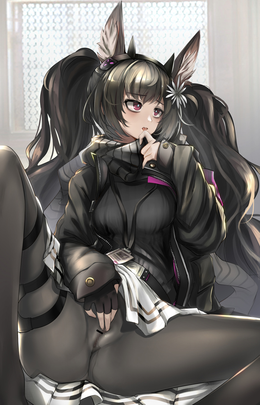 1girl absurdres animal_ear_fluff animal_ears arknights bangs bar_censor belt black_gloves black_hairband black_jacket black_legwear black_scarf black_sweater blush censored clitoral_stimulation clothes_lift covered_anus extra_ears eyebrows_visible_through_hair feet_out_of_frame fingerless_gloves flower gloves hair_flower hair_ornament hairband highres id_card indoors jacket licking licking_finger lifted_by_self long_hair long_sleeves masturbation miniskirt mosaic_censoring moschi_(arknights) no_panties nopetroto open_clothes open_jacket pantyhose purple_eyes pussy pussy_juice reclining scarf skirt skirt_lift sleeves_past_wrists solo spread_legs sweater thigh_strap twintails unzipped very_long_hair wet wet_clothes white_flower white_skirt