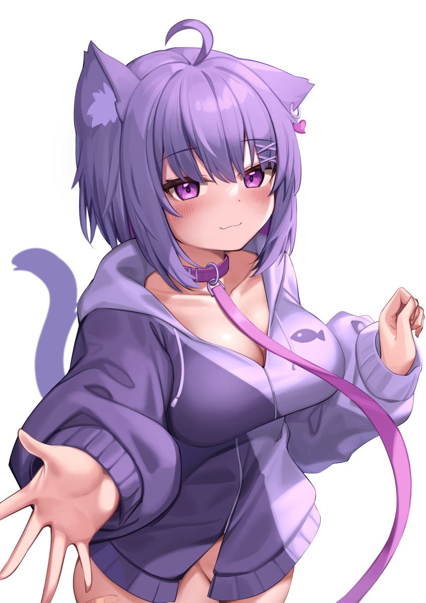 1girl absurdres ahoge animal_collar animal_ears bandaid bandaid_on_leg bangs blush bottomless breasts cat_ears cat_girl cat_tail closed_mouth collar commentary_request deaver ear_piercing eyebrows_visible_through_hair groin highres hood hoodie leash long_sleeves looking_at_viewer medium_breasts naked_hoodie nekoyama_(deaver) original piercing purple_collar purple_eyes purple_hair purple_hoodie short_hair simple_background smile solo tail tail_raised upper_body white_background