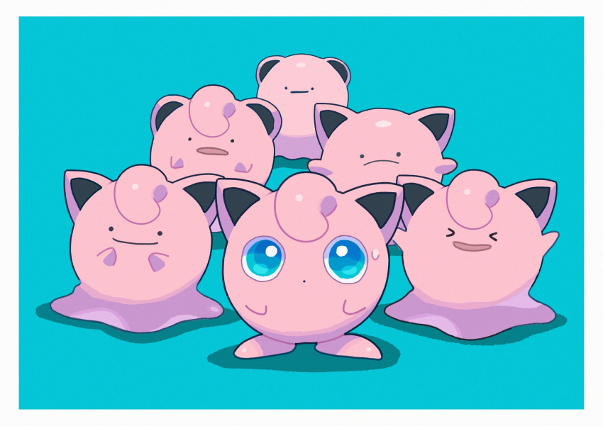 &gt;_&lt; black_eyes blue_eyes border closed_mouth commentary_request ditto frown highres jigglypuff looking_at_viewer no_humans odd_one_out pokemon pokemon_(creature) saiku_(zvlku) smile sweatdrop transformed_ditto white_border