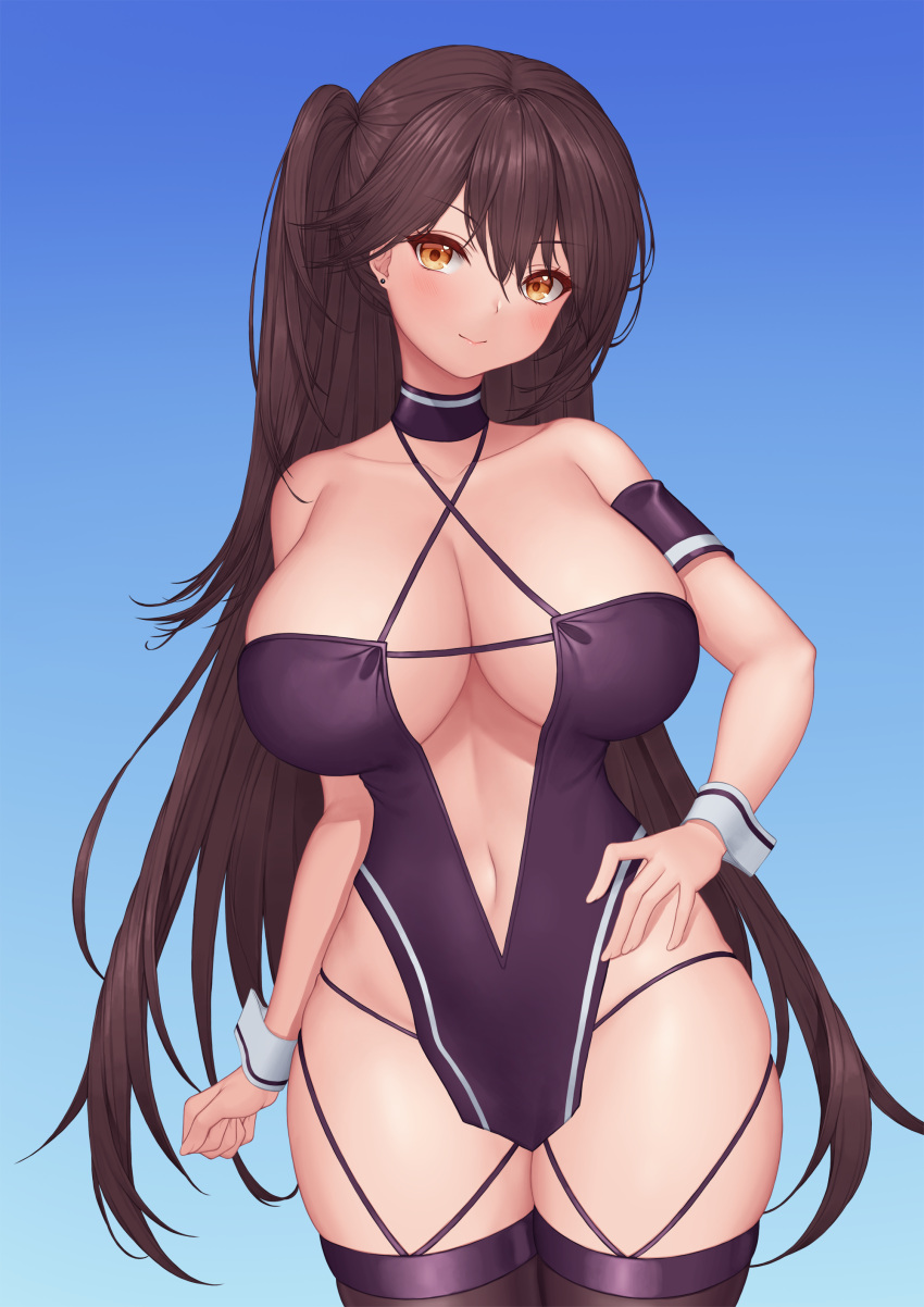 1girl absurdres azur_lane bangs black_legwear blue_background breasts brown_hair center_opening clenched_hand collarbone cowboy_shot criss-cross_halter ear_piercing eyebrows_visible_through_hair fingernails halterneck hand_on_hip highres huge_breasts long_hair multicolored_clothes multicolored_legwear navel one_side_up orange_eyes piercing pinkcap purple_legwear race_queen solo thighhighs thighs very_long_hair wrist_cuffs zuikaku_(azur_lane) zuikaku_(the_wind's_true_name)_(azur_lane)