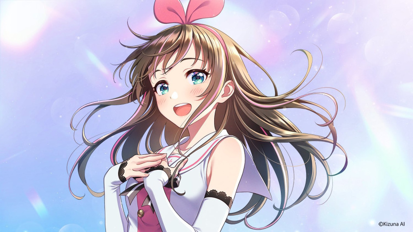 1girl :d bare_shoulders blue_eyes collared_shirt detached_sleeves floating_hair hair_ribbon hands_on_own_chest iridescent kizuna_ai kizuna_ai_inc. long_hair long_sleeves looking_at_viewer morikura_en multicolored_hair ribbon sailor_collar shirt smile solo streaked_hair upper_body virtual_youtuber watermark white_shirt