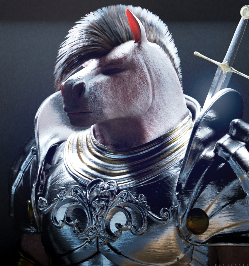 2022 3d_(artwork) absurd_res anthro armor black_nose body_armor breastplate close-up detailed digital_media_(artwork) equid equine eupharrow eyebrows fantasy front_view glistening gold_(metal) guard hair half-closed_eyes half-length_portrait hi_res horse inside knight looking_away male mammal mane mane_hair medieval medieval_armor melee_weapon mohawk multicolored_body multicolored_skin narrowed_eyes pink_body pink_skin plate_armor portrait realistic royalty shadow shoulder_guards silver_(metal) simple_background snout soldier solo sword warrior watermark weapon