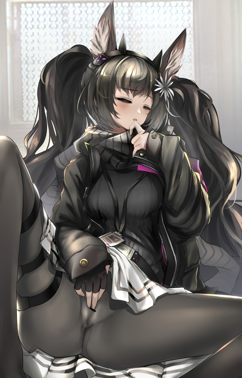 1girl absurdres animal_ear_fluff animal_ears arknights bangs bar_censor belt black_gloves black_hairband black_jacket black_legwear black_scarf black_sweater blush censored clitoral_stimulation closed_eyes clothes_lift covered_anus extra_ears eyebrows_visible_through_hair feet_out_of_frame fingerless_gloves flower gloves hair_flower hair_ornament hairband highres id_card indoors jacket lifted_by_self long_hair long_sleeves masturbation miniskirt mosaic_censoring moschi_(arknights) no_panties nopetroto open_clothes open_jacket pantyhose parted_lips pussy pussy_juice reclining scarf skirt skirt_lift sleeves_past_wrists solo spread_legs steaming_body sweater thigh_strap twintails unzipped very_long_hair wet wet_clothes white_flower white_skirt