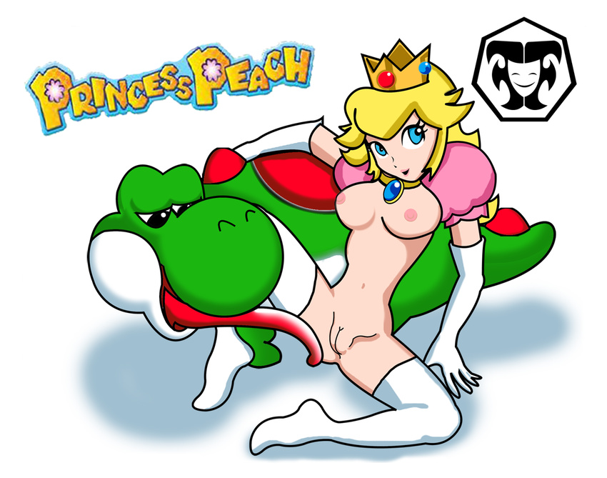 1girl bb bestiality breasts large_breasts mario_(series) nintendo princess_peach pussy smile solo super_mario_bros. thighhighs uncensored yoshi