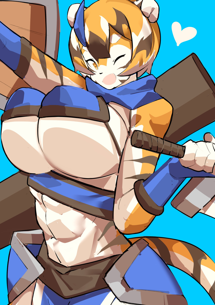 &lt;3 abs absurd_res anthro arknights aspirindabaitu big_breasts black_hair blonde_hair blue_background breasts clothing felid female fingerless_gloves gloves hair handwear hi_res hip_armor holding_object holding_sword holding_weapon hypergryph looking_at_viewer mammal melee_weapon muscular muscular_anthro muscular_female navel one_eye_closed open_mouth pantherine shield short_hair simple_background solo studio_montagne sword tiger under_boob waaifu_(arknights) weapon white_body white_hair wink yellow_body yellow_eyes