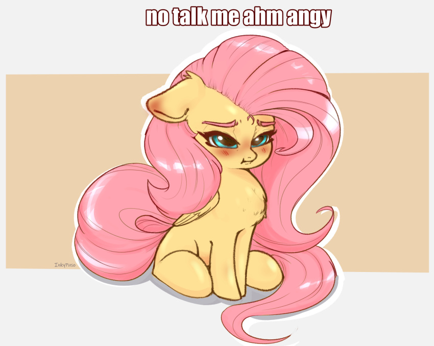 blush chest_tuft ears_down equid equine eyebrows eyelashes feral fluttershy_(mlp) friendship_is_magic hair half-closed_eyes hasbro inkypuso long_hair long_tail mammal my_little_pony narrowed_eyes pegasus pink_hair pink_tail pivoted_ears pouting signature sitting solo text tuft wings yellow_body
