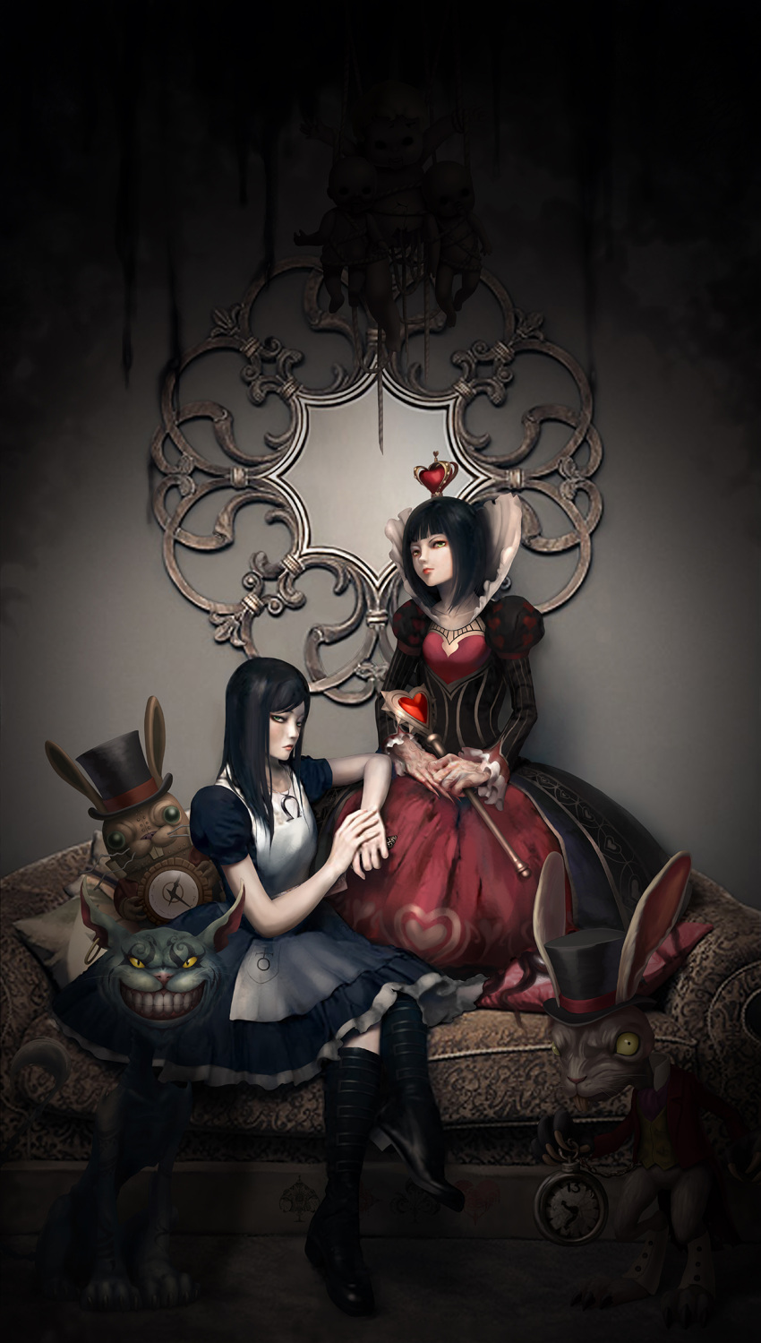 2girls alice:_madness_returns alice_(alice_in_wonderland) american_mcgee's_alice bangs black_hair blunt_bangs boots cheshire_cat_(alice_in_wonderland) crown green_eyes hat highres holding holding_knife knife long_hair long_sleeves looking_at_viewer mini_crown multiple_girls nyarko parted_bangs pocket_watch puffy_long_sleeves puffy_short_sleeves puffy_sleeves queen_of_hearts_(alice_in_wonderland) scepter short_hair short_sleeves sitting top_hat watch white_rabbit_(alice_in_wonderland) yellow_eyes