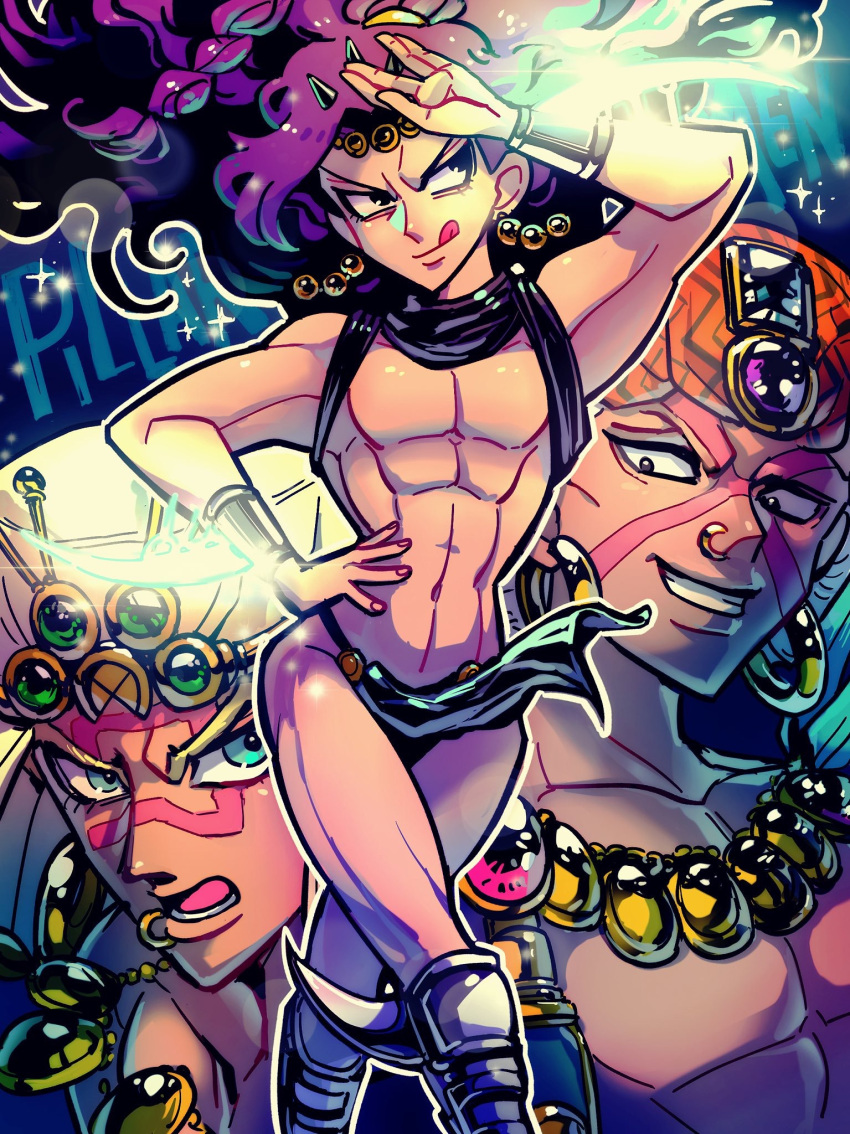 arm_blade battle_tendency boots chocoblood dark-skinned_male dark_skin earrings esidisi facial_mark glowing glowing_weapon green_eyes hat highres hoop_earrings horns inset jewelry jojo_no_kimyou_na_bouken kars_(jojo) loincloth long_hair male_focus muscular muscular_male necklace nose_piercing nose_ring pelvic_curtain piercing pose purple_hair red_eyes topless_male turban wamuu wavy_hair weapon white_hair