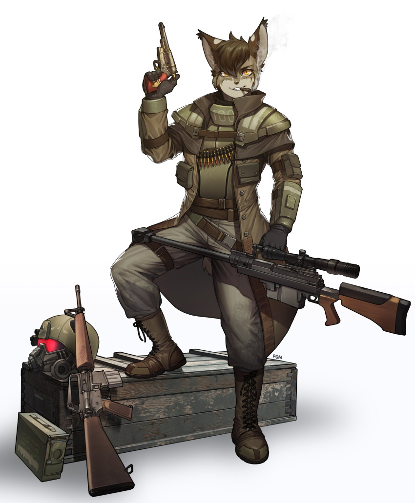 2022 absurd_res anthro armor bottomwear cigarette clothing crate domestic_cat felid feline felis gun headgear helmet hi_res jacket male mammal pants pgm300 ranged_weapon simple_background smoking solo topwear uniform weapon white_background