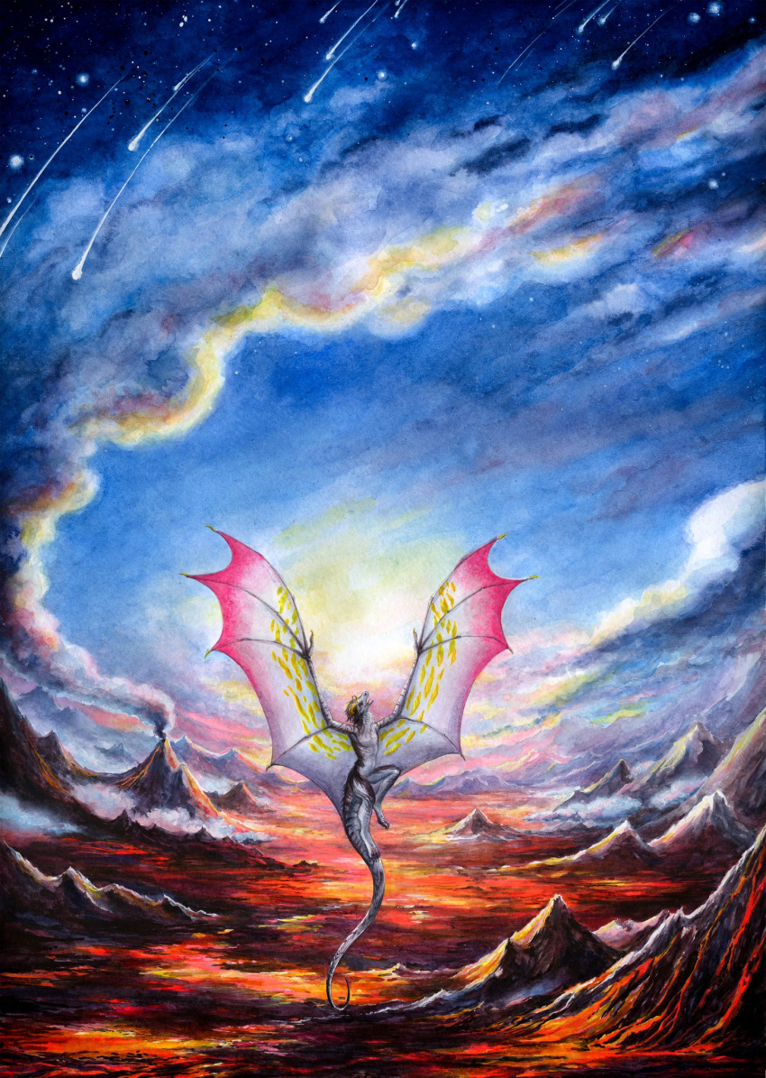 2021 anthro black_body black_fur comet dragon elkir flying fur furred_dragon hi_res lava majestic male meteor meteor_shower nude painting_(artwork) pink_wings sky smoke solo star starry_sky sun traditional_media_(artwork) volcano watercolor_(artwork) white_body white_skin wings wyvern