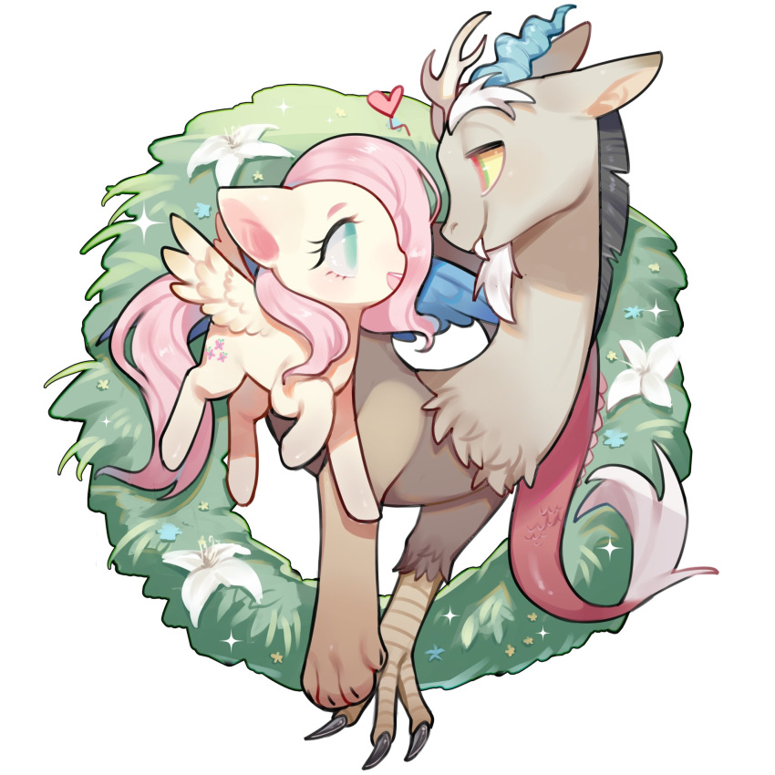 1_fang antlers beard chimera claws cutie_mark discord_(mlp) draconequus duo equid equine eyebrows eyelashes facial_hair female feral flower fluttershy_(mlp) friendship_is_magic green_eyes hair hasbro hi_res horn kura_(artist) male mammal my_little_pony pegasus pink_hair pink_tail plant tuft wings yellow_sclera