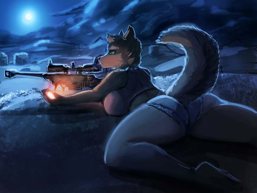 anthro big_breasts bottomwear breasts brown_body brown_fur butt canid clothing female full_moon fur general-irrelevant grass green_eyes gun holding_object holding_phone looking_at_object looking_at_phone looking_down mammal moon night outside phone plant ranged_weapon rifle shorts sniper_rifle solo weapon