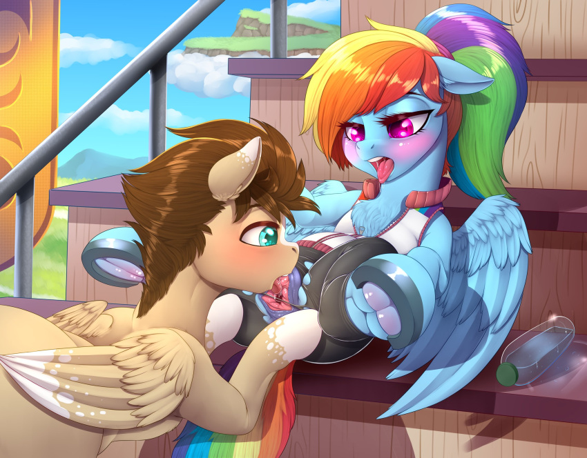 2022 blush clothing cunnilingus dankflank digital_media_(artwork) duo equid equine eyebrows eyelashes fan_character female friendship_is_magic hasbro hi_res hooves male male/female mammal my_little_pony oral pegasus rainbow_dash_(mlp) sex spread_legs spreading tongue tongue_out torn_clothing vaginal wings
