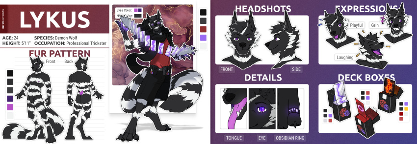 absurd_res aetherjack1 anthro canid canine canis demon fluffy glowing glowing_eyes hi_res long_tail lykus magic male mammal model_sheet slim solo stripes wolf