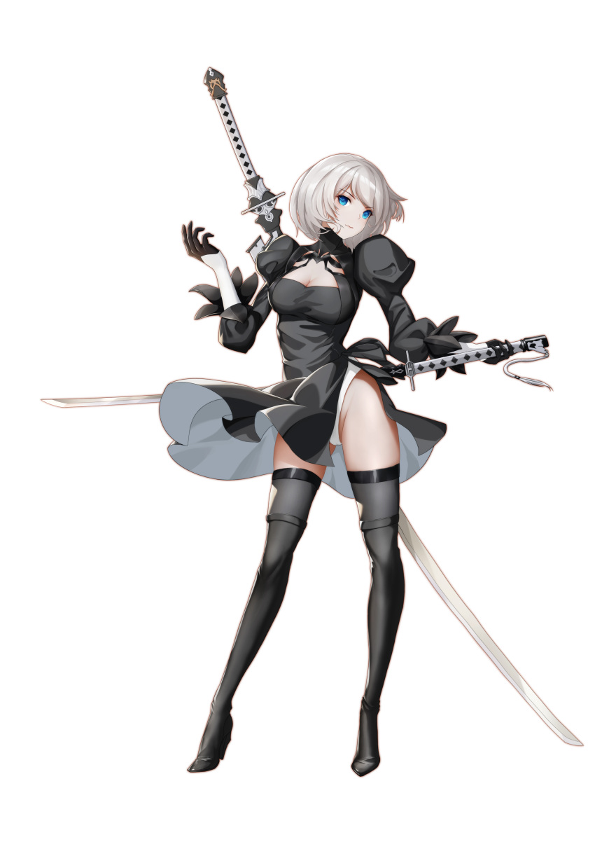 1girl a309267162 absurdres bangs black_dress black_footwear blue_eyes boots breasts cameltoe cleavage cleavage_cutout clothing_cutout contrapposto dress gloves hand_up high_heel_boots high_heels highres holding holding_sword holding_weapon huge_weapon juliet_sleeves katana leotard leotard_peek leotard_under_clothes long_sleeves looking_at_viewer medium_breasts nier_(series) nier_automata no_blindfold puffy_long_sleeves puffy_sleeves sheath sheathed short_dress short_hair side_slit simple_background solo standing sword thigh_boots thighhighs weapon weapon_on_back white_hair white_leotard wind wind_lift yorha_no._2_type_b