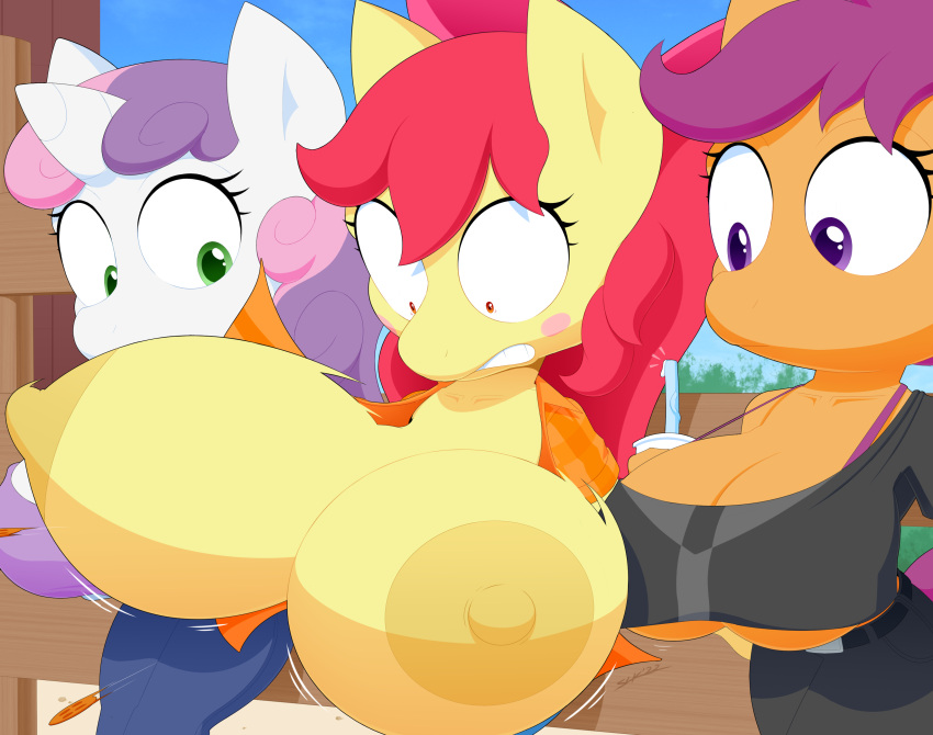 absurd_res anthro apple_bloom_(mlp) beverage big_breasts blush blush_stickers bottomwear bra_strap breast_expansion breasts cleavage clothed clothing denim denim_clothing earth_pony equid equine expansion female fence friendship_is_magic group hasbro hi_res horn horse huge_breasts jeans jewelry mammal my_little_pony necklace nipples pants pegasus pony scootaloo_(mlp) slickehedge straw surprise sweetie_belle_(mlp) under_boob unicorn wings