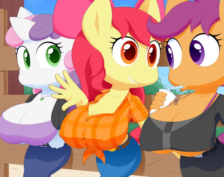 absurd_res anthro apple_bloom_(mlp) beverage big_breasts bottomwear bra_strap breasts cleavage clothed clothing denim denim_clothing drinking earth_pony equid equine female fence friendship_is_magic group hi_res horn horse jeans jewelry mammal my_little_pony necklace pants pegasus pony scootaloo_(mlp) slickehedge straw sweetie_belle_(mlp) under_boob unicorn wings