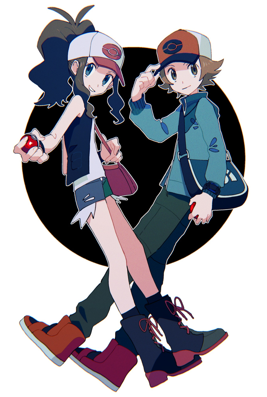 1boy 1girl asagiri_kogen bag baseball_cap black_vest blue_eyes blue_jacket boots brown_eyes brown_hair closed_mouth commentary denim denim_shorts eyelashes hand_on_headwear hat high_ponytail highres hilbert_(pokemon) hilda_(pokemon) holding holding_poke_ball jacket long_hair long_sleeves looking_to_the_side messenger_bag parted_lips poke_ball poke_ball_(basic) poke_ball_print pokemon pokemon_(game) pokemon_bw red_footwear red_headwear shirt shoes short_hair short_shorts shorts shoulder_bag sidelocks sleeveless sleeveless_shirt smile vest white_shirt wristband