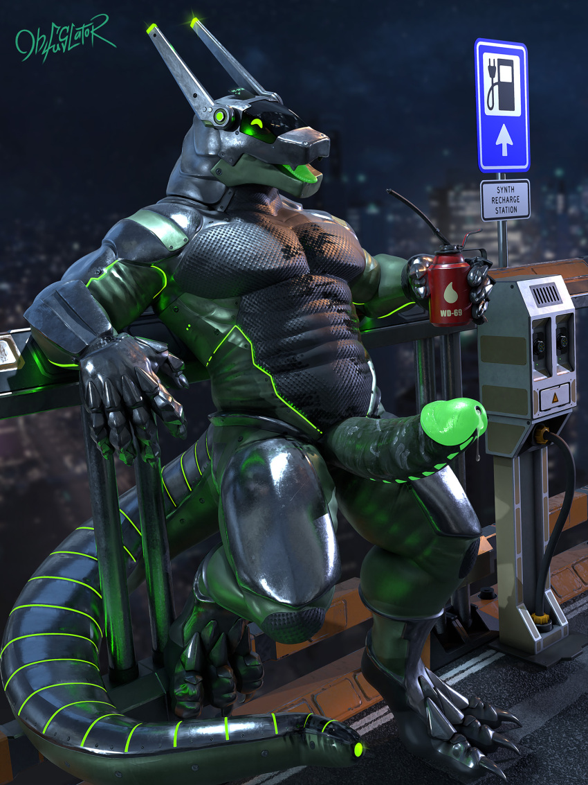 3:4 anthro armor armrest bent_arm beverage big_penis bodily_fluids by-nc-nd city creative_commons cum cum_drip dark_body detailed_background digital_media_(artwork) dirty dragon drinking dripping erection fence genital_fluids genitals glistening glistening_body green_body green_eyes happy happy_eyes hi_res huge_penis humanoid_genitalia humanoid_penis looking_at_viewer machine male metal metallic_body muscular muscular_anthro muscular_male night obfuscator oil oil_can open_mouth outside penis precum precum_drip robot rubber rubber_body science_fiction sign sky skyline smile solo station synth_(vader-san) tongue vesper