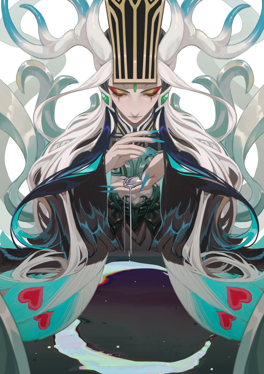 1boy absurdres androgynous black_hair blue_hair blue_nails burusiji chinese_clothes dragon_horns eyeshadow fate/grand_order fate_(series) fingernails forehead_jewel green_eyeshadow hair_ornament hat highres horns long_fingernails long_hair looking_down makeup male_focus mercury_(element) mian_guan multicolored_hair peacock_feathers red_eyes red_eyeshadow shi_huang_di_(fate) solo two-tone_hair upper_body very_long_hair white_hair