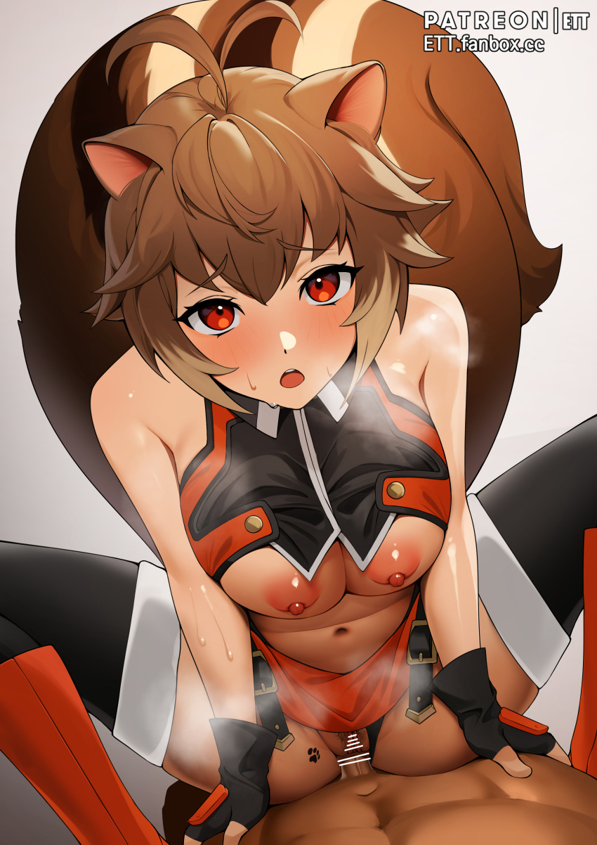 1boy 1girl absurdres animal_ears antenna_hair bar_censor bare_shoulders black_gloves black_legwear blazblue breasts censored cowgirl_position ett eyebrows_visible_through_hair female_pubic_hair fingerless_gloves girl_on_top gloves hetero highres large_breasts looking_at_viewer makoto_nanaya navel nipples open_mouth patreon_username penis pov pubic_hair red_eyes squatting_cowgirl_position squirrel_ears squirrel_tail straddling sweat tail thighhighs vaginal