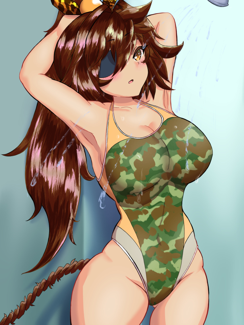 1girl black_eyepatch bombergirl braid breasts brown_hair camouflage cleavage commentary_request competition_swimsuit cowboy_shot eyepatch highres horounendo large_breasts long_hair multicolored_clothes multicolored_swimsuit one-piece_swimsuit oren_(bombergirl) ponytail shower_(place) showering single_braid solo standing swimsuit