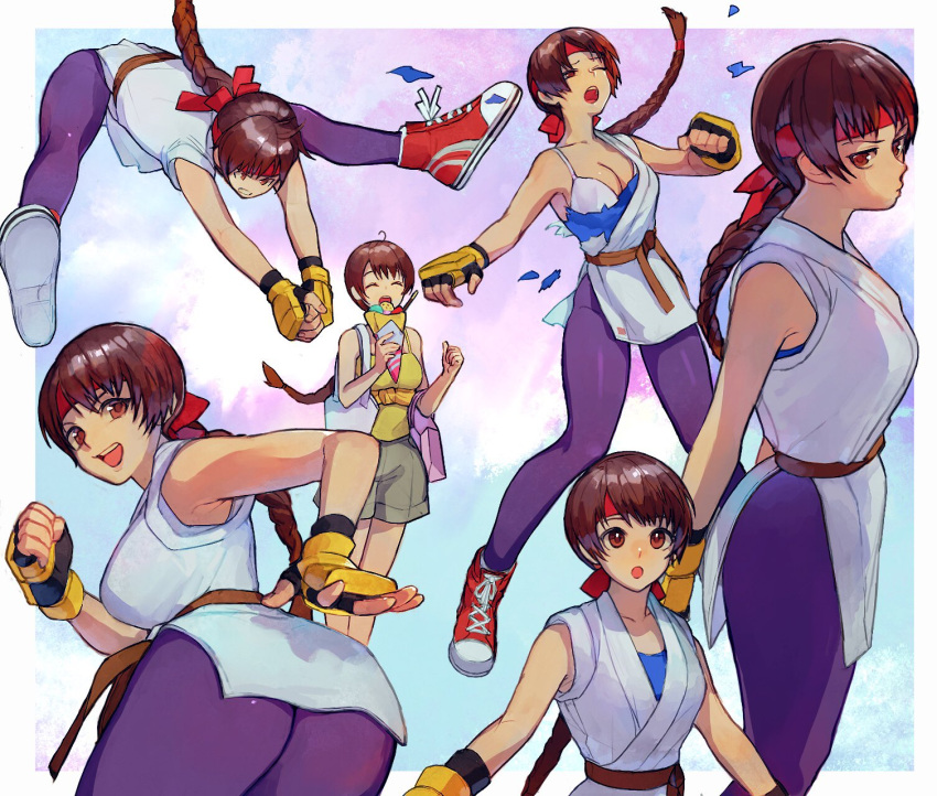 1girl ass bra braid braided_ponytail breasts brown_hair fingerless_gloves food gloves headband highres ice_cream oni_gini the_king_of_fighters torn_clothes underwear yuri_sakazaki