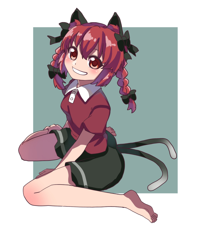 1girl alternate_costume animal_ear_fluff animal_ears barefoot between_legs black_bow black_skirt blush border bow braid breasts cat_ears cat_tail eyebrows_behind_hair full_body grin hair_between_eyes hair_bow hair_ribbon hand_between_legs highres kaenbyou_rin long_hair looking_at_viewer multiple_tails nekomata outside_border puffy_short_sleeves puffy_sleeves red_eyes red_hair red_shirt renshirenji ribbon shirt short_sleeves sitting skirt small_breasts smile soles solo tail toes touhou tress_ribbon twin_braids twintails two_tails wariza white_border wing_collar