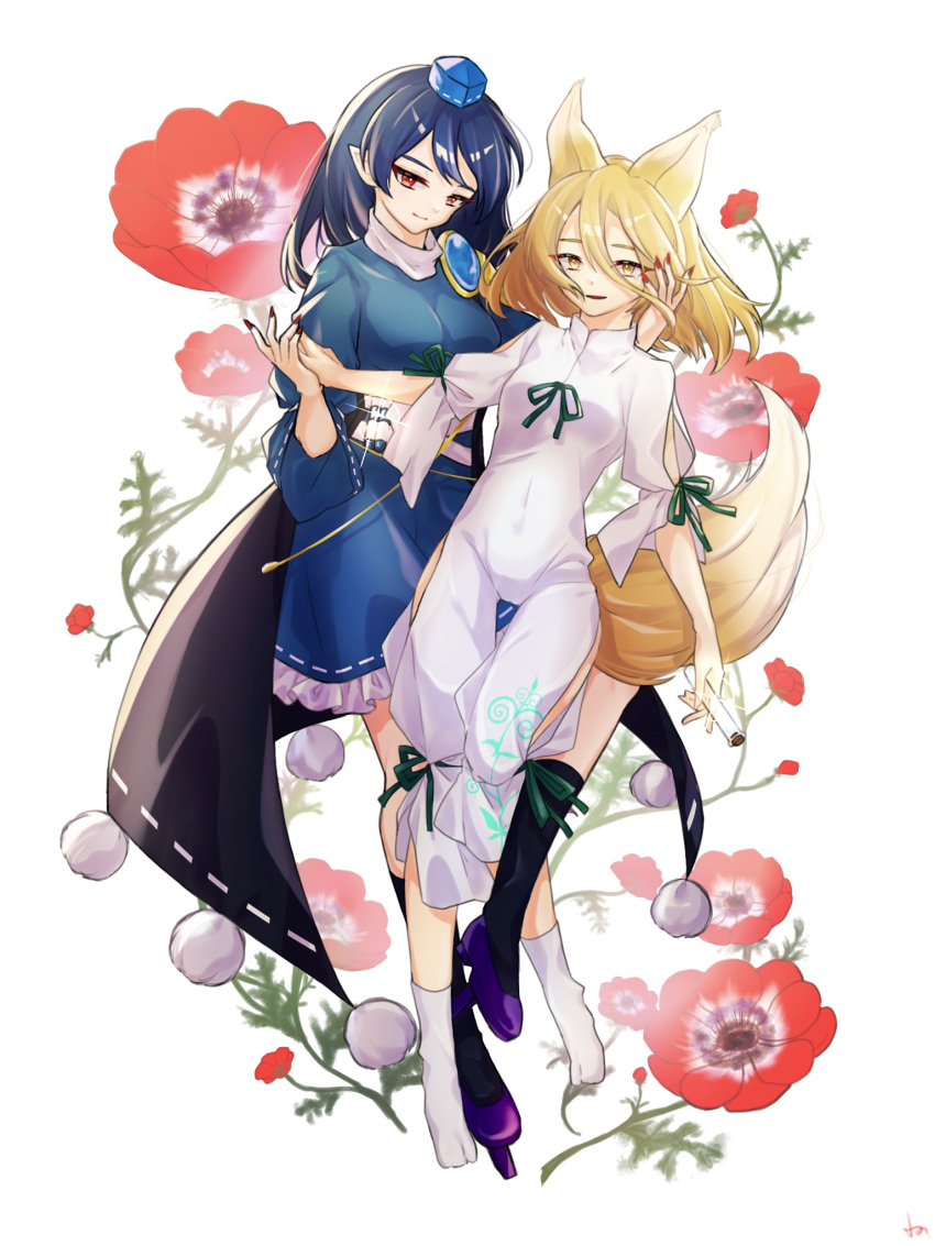 2girls animal_ears armor black_coat black_legwear blonde_hair blue_dress blue_hair blue_headwear blush breasts coat commentary_request dress eyebrows_visible_through_hair eyelashes fingernails flower food fox_ears fox_tail full_body geta hand_on_another's_face hand_up hat highres iizunamaru_megumu kneehighs komori_(komo_ricecake) kudamaki_tsukasa large_breasts leaf long_hair long_sleeves looking_at_viewer medium_breasts multiple_girls no_shoes open_mouth pauldrons pom_pom_(clothes) purple_footwear red_eyes red_flower ribbon_trim romper sharp_fingernails shiny shiny_hair short_sleeves shoulder_armor simple_background single_pauldron sleeveless_coat smile socks sparkle tail tengu-geta tokin_hat touhou white_background white_legwear yellow_eyes