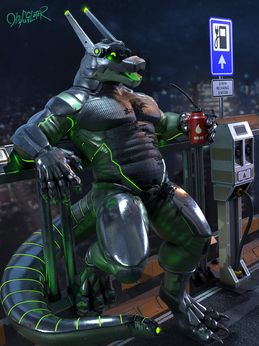 3:4 anthro armor armrest bent_arm beverage by-nc-nd city creative_commons dark_body detailed_background digital_media_(artwork) dirty dragon drinking fence glistening glistening_body green_body green_eyes happy happy_eyes hi_res looking_at_viewer machine male metal metallic_body muscular muscular_anthro muscular_male night obfuscator oil oil_can open_mouth outside robot rubber rubber_body science_fiction sign sky skyline smile solo station synth_(vader-san) tongue vesper