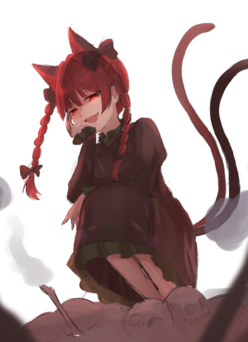 1girl :d animal_ears bangs black_bow blunt_bangs bow braid breasts cat_ears cat_tail dress extra_ears eyebrows_visible_through_hair fang glowing glowing_eyes grey_dress hair_bow hair_ribbon hand_on_own_cheek hand_on_own_face hand_up highres hitodama juliet_sleeves kaenbyou_rin knees_to_chest long_sleeves looking_at_viewer medium_breasts multiple_tails nano_popo02 nekomata one-hour_drawing_challenge open_mouth petticoat pile_of_skulls puffy_sleeves red_eyes red_hair ribbon simple_background skull smile solo squatting tail touhou tress_ribbon twin_braids twintails two_tails white_background