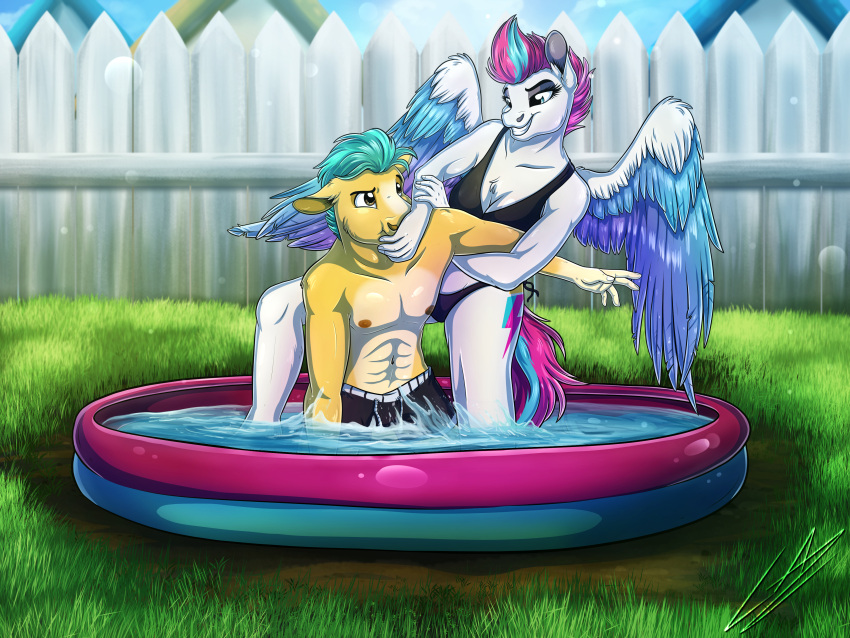 5_fingers abs absurd_res anthro anthrofied bikini breasts clothing cutie_mark day duo earth_pony equid equine feathered_wings feathers female fingers hair hasbro hi_res hitch_trailblazer_(mlp) horse inflatable lupiarts male mammal mlp_g5 muscular muscular_male my_little_pony nipples pegasus pony pool_(disambiguation) short_hair smile splashing swimming_pool swimming_trunks swimwear water white_body wings yellow_body zipp_storm_(mlp)
