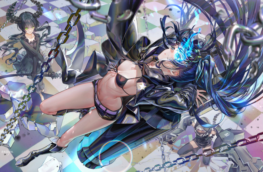 3girls arched_back arm_cannon arms_up artist_name bangs belt bikini bikini_top_only black_bikini black_coat black_dress black_footwear black_gloves black_hair black_legwear black_pants black_rock_shooter black_rock_shooter_(character) black_shorts blue_eyes blunt_bangs blurry boots breasts chain coat cracked_floor crossed_arms dead_master depth_of_field dress drill_hair eyelashes flaming_eye floating_hair from_above front-tie_top gloves glowing glowing_eye green_eyes highres holding holding_scythe holding_weapon hood hood_down hood_up hooded_coat horns knee_boots long_hair looking_at_viewer looking_up multiple_girls navel oohhya outstretched_arms pants parted_lips rubble scar scar_on_chest scythe short_shorts shorts sleeveless smile squatting standing star_(symbol) strength_(black_rock_shooter) swimsuit thighhighs tile_floor tiles twin_drills twintails unzipped very_long_hair weapon white_hair