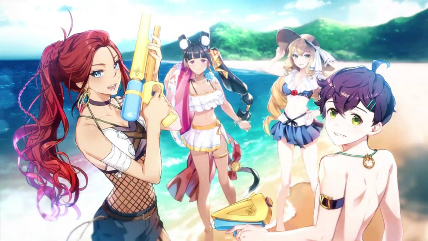 1boy 3girls aramintha_(epic_seven) beach black_hair blonde_hair blue_eyes dark-skinned_female dark_skin earrings epic_seven green_eyes hat highres jewelry lidica_(epic_seven) long_hair looking_at_viewer looking_back looking_to_the_side lots_(epic_seven) multiple_girls necklace ocean official_art pale_skin ponytail purple_eyes red_hair rin_(epic_seven) sand short_hair smile swimsuit third-party_edit water_gun