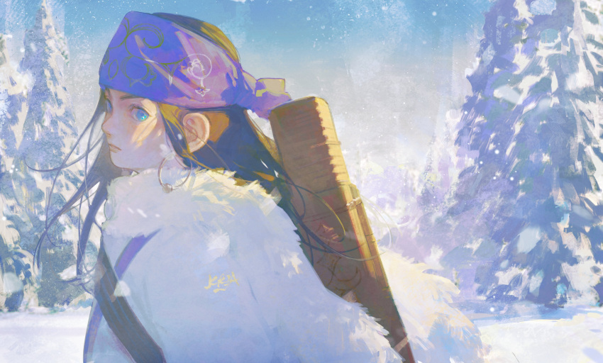 1girl absurdres ainu ainu_clothes asirpa bandana black_hair blue_bandana blue_eyes blue_sky cape commentary earrings fur_cape golden_kamuy highres hoop_earrings jewelry kkia long_hair looking_to_the_side outdoors sidelocks sky snow tree