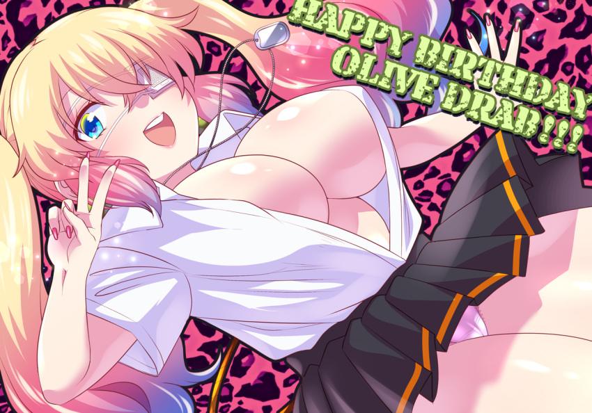 1girl :d animal_print blonde_hair blue_eyes bombergirl breasts dog_tags dutch_angle eyepatch gradient_hair hinasera_aya large_breasts long_hair medical_eyepatch miniskirt multicolored_hair no_bra olive_(bombergirl) open_clothes open_shirt panties pantyshot pink_nails skirt smile solo twintails underwear v white_panties