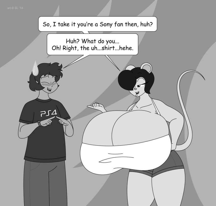 2014 anthro big_breasts blush bodily_fluids bottomwear breasts clock clothing digital_media_(artwork) duo english_text eyes_closed female gina_(satsumalord) greyscale hi_res huge_breasts human hyper hyper_breasts logo male mammal monochrome mouse murid murine open_mouth pants playstation playstation_4 rodent satsumalord shirt shorts sony_corporation sony_interactive_entertainment speech_bubble sweat sweatdrop text thick_thighs topwear video_games watch