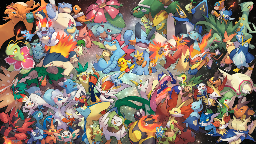 absurdres arms_up bayleef beak blastoise blaziken braixen brionne bulbasaur charizard charmander charmeleon chesnaught chespin chikorita chimchar cinderace combusken croconaw cyndaquil dartrix decidueye delphox dewott drizzile emboar empoleon evolutionary_line fangs feraligatr flame-tipped_tail flexing froakie frogadier greninja grookey grotle grovyle highres incineroar infernape inteleon ivysaur litten marshtomp meganium monferno mudkip no_humans nullma oshawott pignite pikachu pokemon pokemon_(creature) popplio pose primarina prinplup quilava quilladin raboot rillaboom rowlet samurott sceptile scorbunny serperior servine smile snivy sobble squirtle starter_pokemon_trio swampert tepig thwackey torchic torracat torterra totodile treecko turtwig typhlosion venusaur wartortle wings