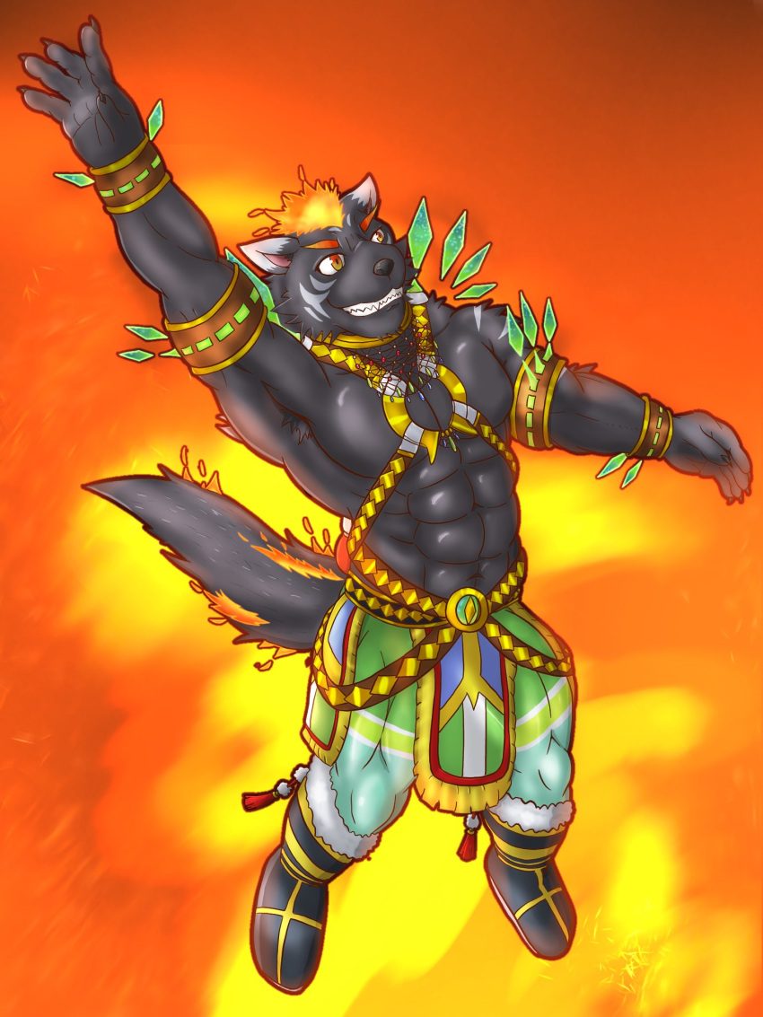 abs anthro black_body black_fur clothed clothing dancer_outfit fire flaming_hair flaming_mane fur furlong_(live-a-hero) grin hi_res hyaenid jewelry lifewonders live-a-hero male mammal muscular muscular_anthro muscular_male pecs pseudo_hair pseudo_mane skimpy smile solo video_games yom_mido_plus